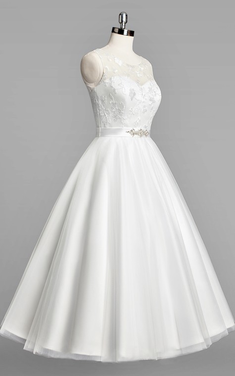 Scoop Neck Sleeveless A-Line Tulle Tea-Length Wedding Dress With Beaded Sash - 1