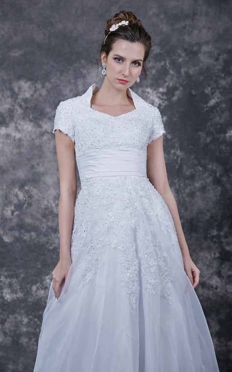 Romantic Lace-appliqued Organza Wedding Dress With Satin Band - 5