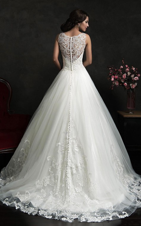 A-Line Short Jewel Straps Sleeveless Bell Appliques Chapel Train Button Straps Keyhole Lace Dress - 2