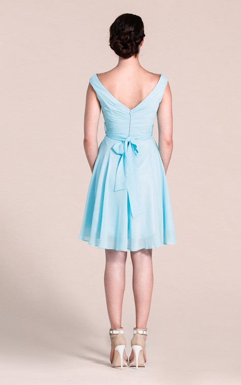 V-neck A-line Short Dress With Bow Tie - 3