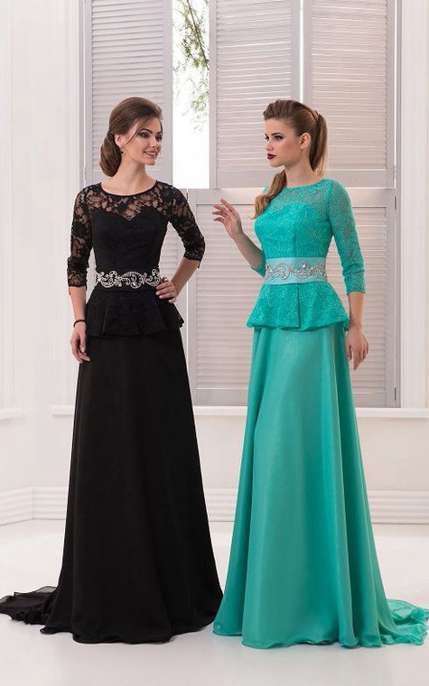 A-Line Sweep Jewel 3 Chiffon Crystal Detailing Ruffles Zipper Dress - 1