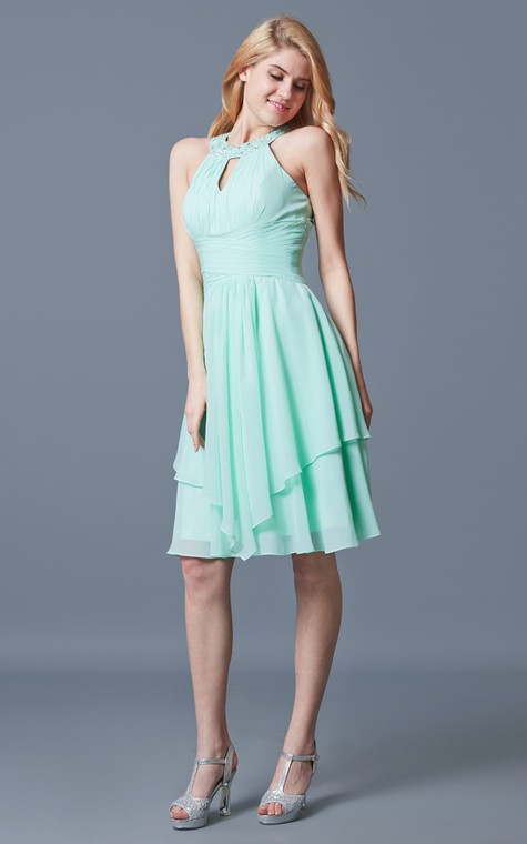 Elegant Sleeveless Tiered Knee Length Chiffon Dress With Keyhole Back - 3