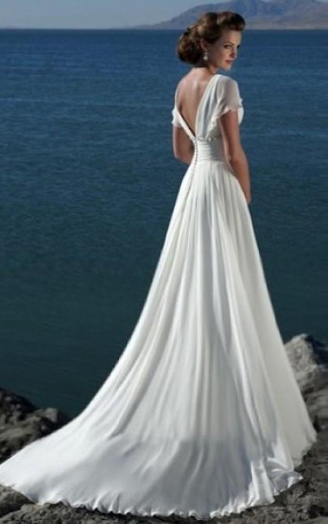A-line V-neck Short Sleeves Beading Sweep Train Chiffon Beach Wedding Dress - 2