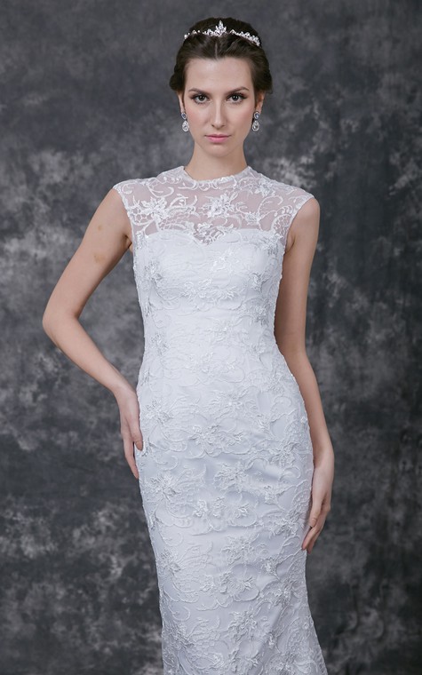 Sophisticated Cap-sleeved High Neck Slim-line Lace and Charmeuse Wedding Gown - 4
