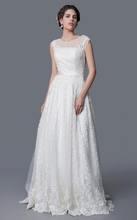 Illusion Jewel Neckline Backless A-line Lace Gown - 1
