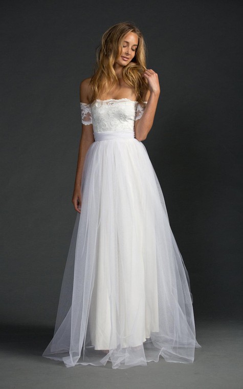 Off-The-Shoulder A-Line Tulle Dress With Lace Bodice - 1
