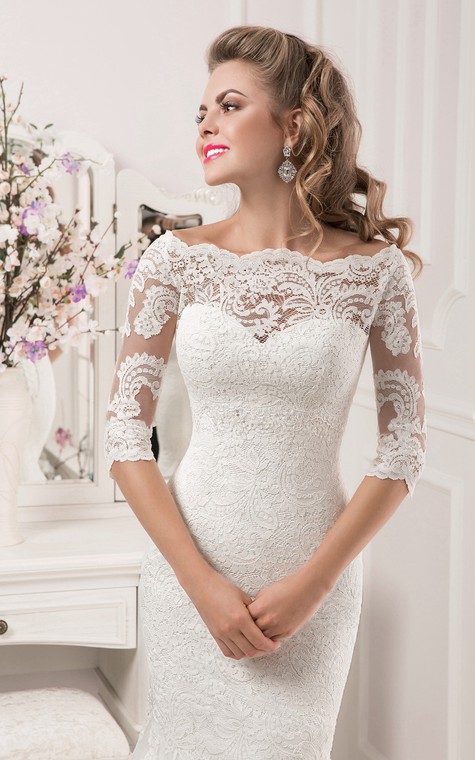 Half Sleeve Scalloped Neckline Lace Mermaid Dress - 2