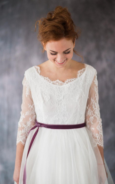 3-4 Sleeve A-Line Lace and Organza Dress With Bateau Neckline and Satin Sash - 3