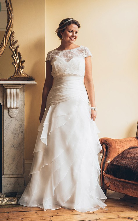 A-Line Floor-Length Bateau Neck Short Sleeve Organza Court Train Lace-Up Back Tiers Dress - 1