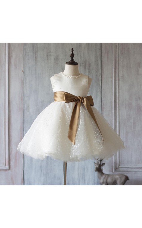 Jewel Neck Sleeveless Empire A-line Knee Length Tulle Dress With Satin Sash - 1