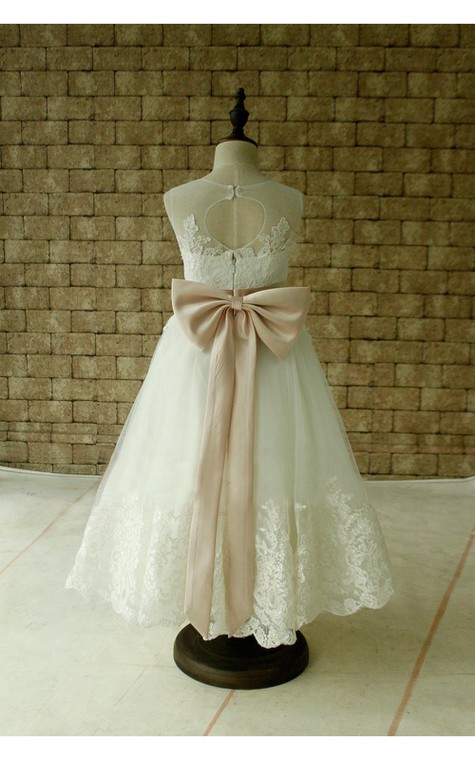 Illusion Neckline Sleeveless A-line Pleated Lace Long Dress With Keyhole and Bows - 1