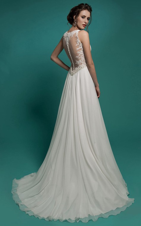 A-Line Floor-Length V-Neck Sleeveless Empire Illusion Chiffon Dress With Beading And Ruching - 2