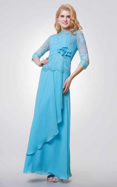 3-4 Length Sleeve Long Chiffon and Lace Dress With Side Draping - 2