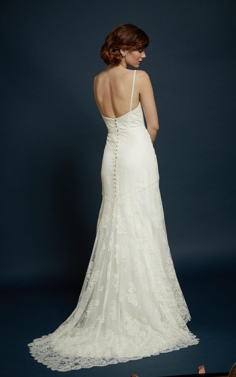 V-Neck Spaghetti Straps Sheath Lace Dress With Open Back - 3