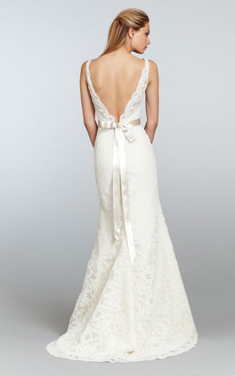 Stunning V-Neck Long Lace Dress With Crystal Ribbon Sash - 2