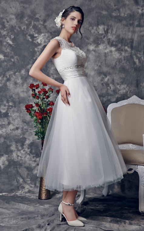 Stunning Beaded Illusion Neckline Tea Length Dress With Lace Embellished Back - 4