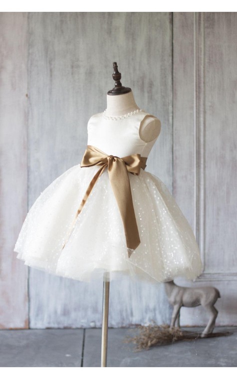 Jewel Neck Sleeveless Empire A-line Knee Length Tulle Dress With Satin Sash - 2