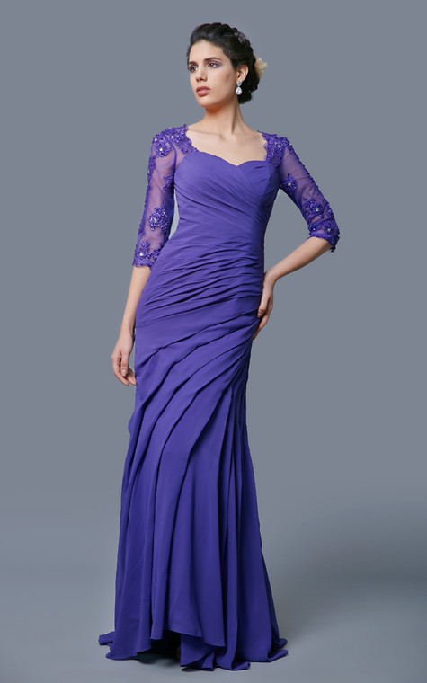 Classic A-line Long Formal Chiffon Dress With Lace Sleeves - 1