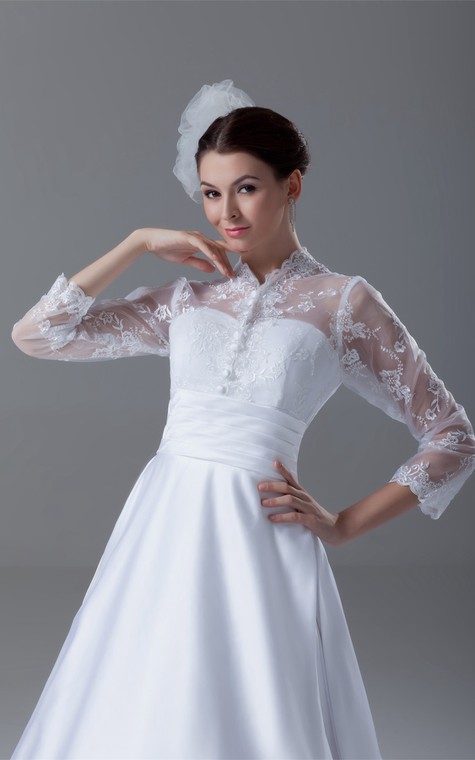 Exquisite Long Sleeve High Neck Satin Appliqued a Line Wedding Dresses - 3