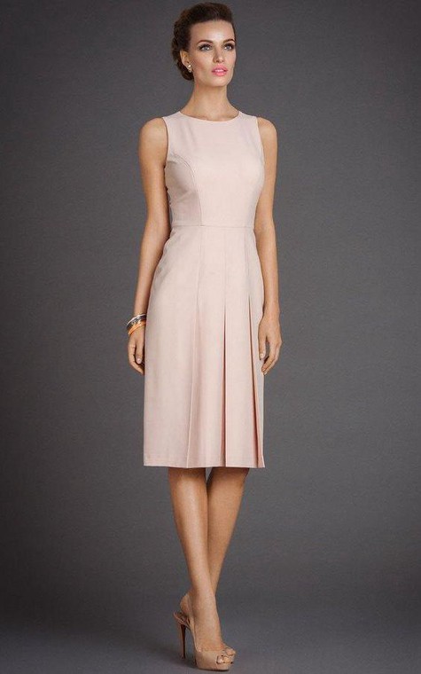 Jewel Neck Sleeveless A-line Satin Pleated Knee Length Dress - 1