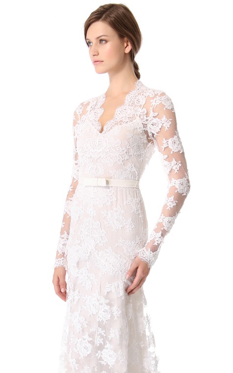 Unique Long Sleeves Long Low-V Sheath Lace Dress - 3