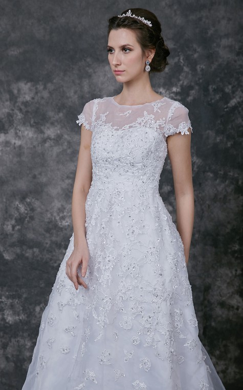 Modern Cap-sleeve Dress With Illusion Neckline and Beaded Lace Applique - 5