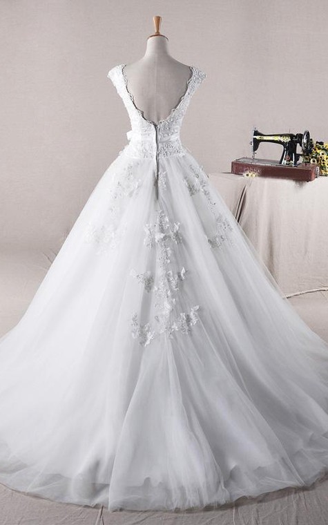 Ball Gown Long Straps Beading Appliques Ruffles Straps Tulle Lace Dress - 2
