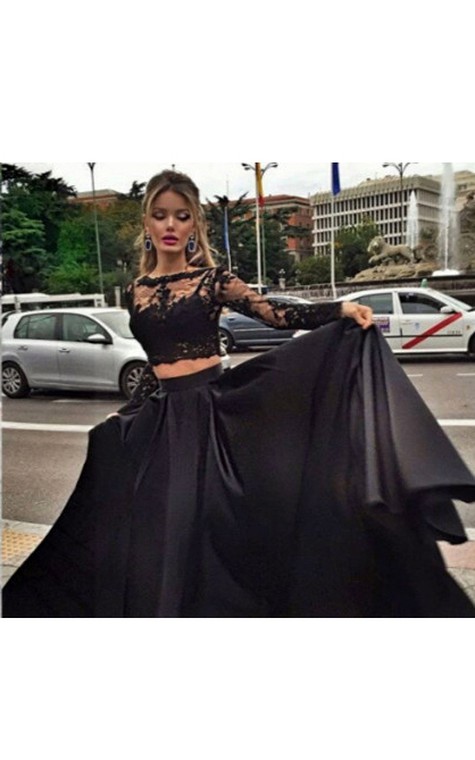Ball Gown Long Sleeves Bateau Satin Floor-Length Dresses - 3