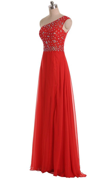 One-shoulder Long A-line Gown With Rhinestone Bodice - 3