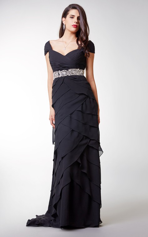 Short-sleeved Ruffled Chiffon A-line Long Formal Dress With Waistband - 3