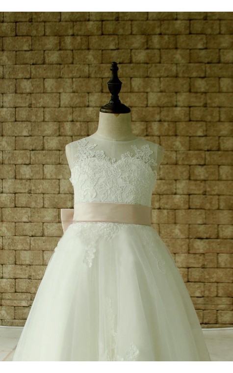 Illusion Neckline Sleeveless A-line Pleated Lace Long Dress With Keyhole and Bows - 3