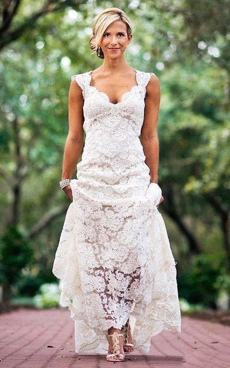 Cap Sleeves V Neck Allover Lace Long Dress With Back Keyhole - 1