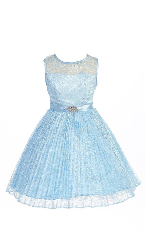 A-line Sleeveless Jewel Neck Lace Dress With Satin Belt - 2