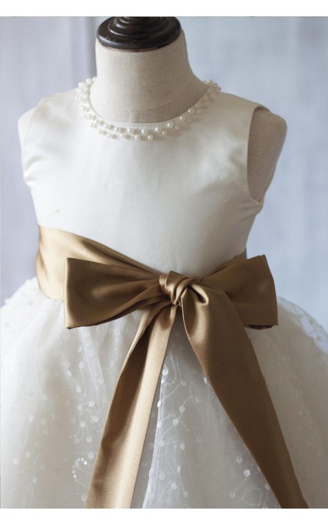 Jewel Neck Sleeveless Empire A-line Knee Length Tulle Dress With Satin Sash - 4