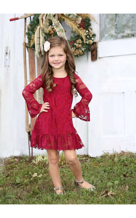 Bateau Neck Long Bell Sleeve A-line Lace Short Dress With Ruffles - 2