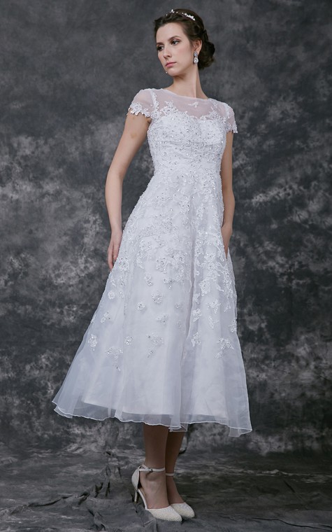 Modern Cap-sleeve Dress With Illusion Neckline and Beaded Lace Applique - 4