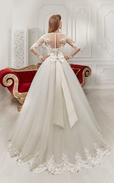 Bateau Floor-length Long Sleeve Illusion Back Appliques Dress With Bows - 4
