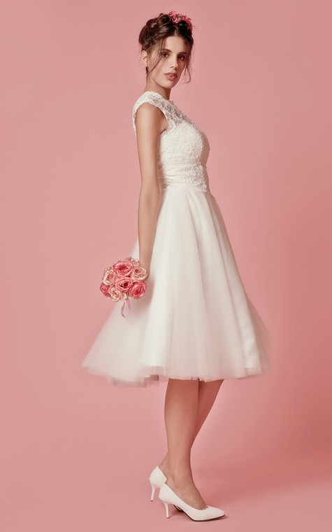 Aristocratic Cap-sleeve High Neck Tea-length Dress With Lace Top - 4