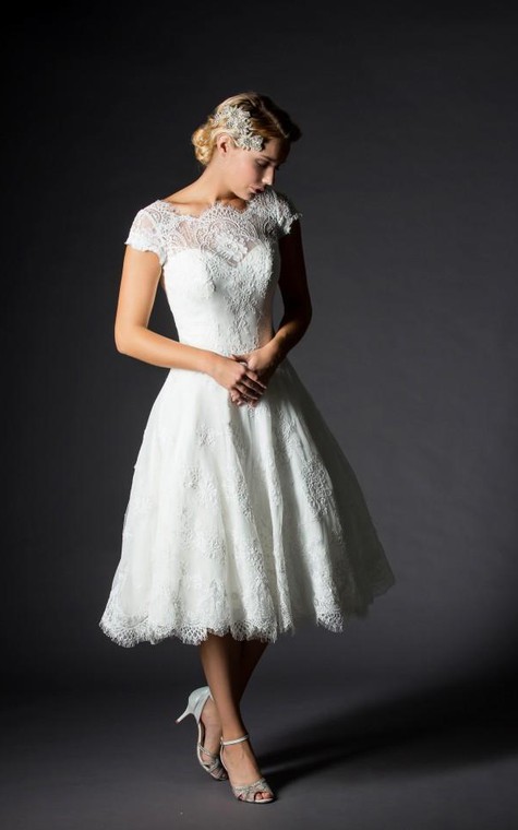 A-Line Mini Jewel V-Neck Bell Cap Appliques Zipper Lace-Up Back Lace Dress - 2