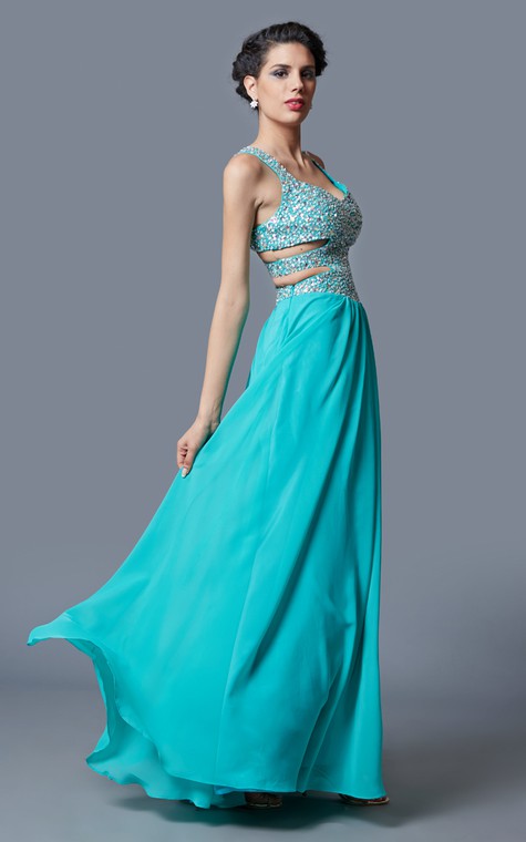 Stunning Sleeveless Long Chiffon Gown with Sequined Bodice and Side Cutouts - 1