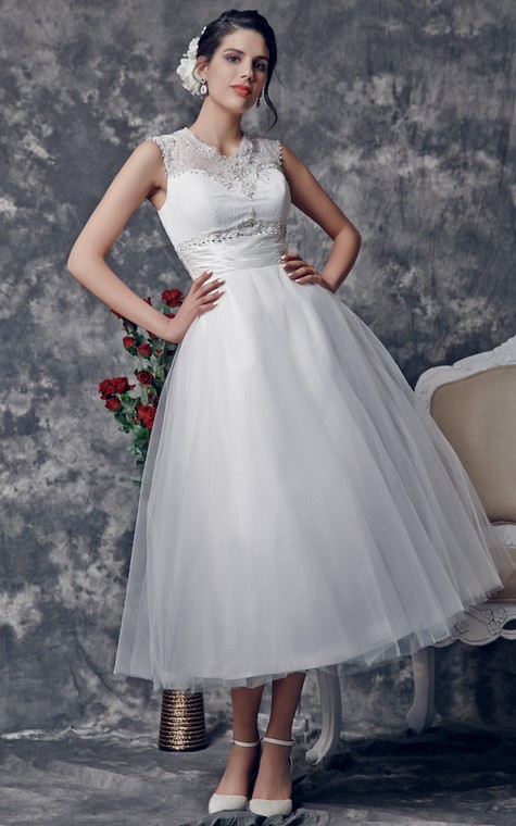Stunning Beaded Illusion Neckline Tea Length Dress With Lace Embellished Back - 1