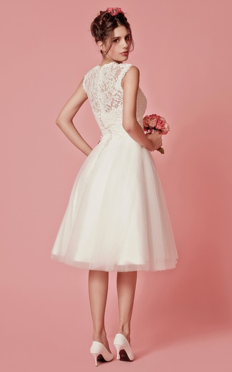 Aristocratic Cap-sleeve High Neck Tea-length Dress With Lace Top - 6