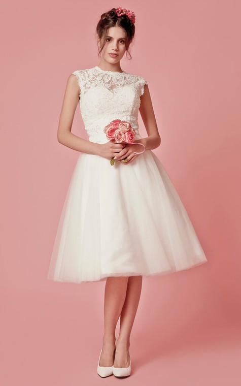 Aristocratic Cap-sleeve High Neck Tea-length Dress With Lace Top - 1