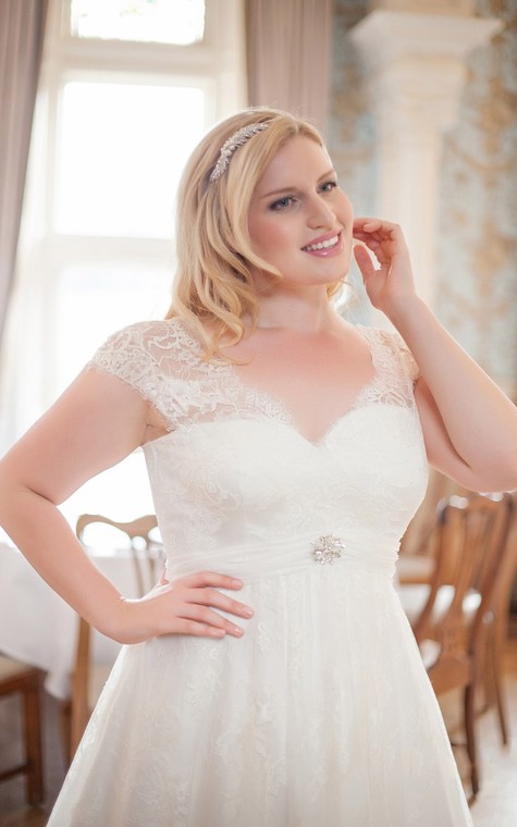 A-Line Floor-Length V-Neck Cap Empire Lace Sweep Train Pleats Dress - 2