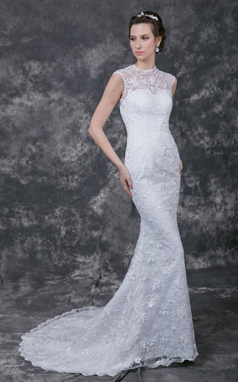 Sophisticated Cap-sleeved High Neck Slim-line Lace and Charmeuse Wedding Gown - 3
