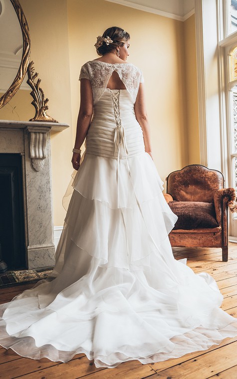 A-Line Floor-Length Bateau Neck Short Sleeve Organza Court Train Lace-Up Back Tiers Dress - 2