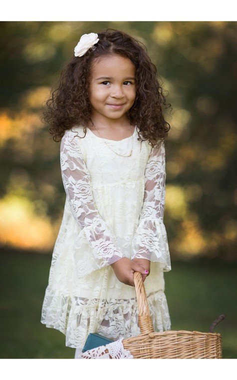 Bateau Neck Long Bell Sleeve A-line Lace Short Dress With Ruffles - 5