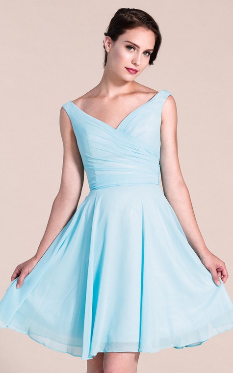 V-neck A-line Short Dress With Bow Tie - 4