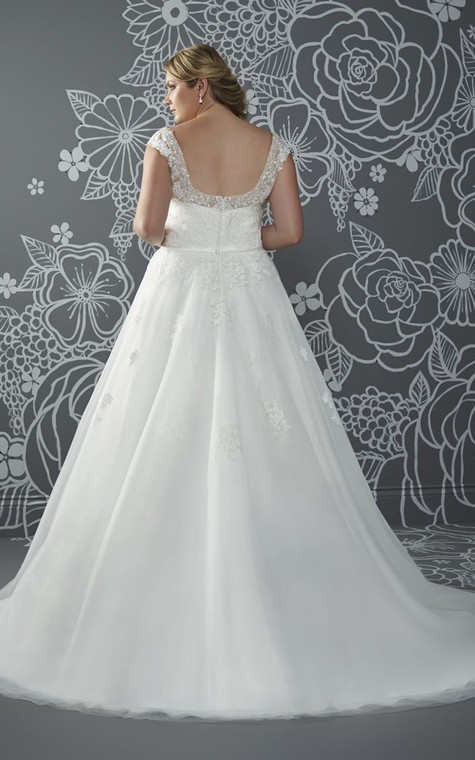 A-Line Floor-Length V-Neck Cap Tulle Court Train Low-V Back Beading Dress - 2