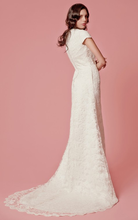 Vintage Inspired Scallooped-Edge Neckline Column Lace Bridal Gown - 1